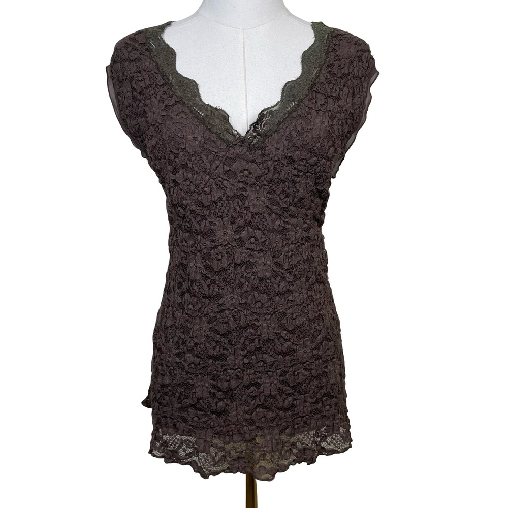 Vintage Merona Lace Overlay V-Neck Tank Top Womens 20W/22W Brown Floral Y2K Boho